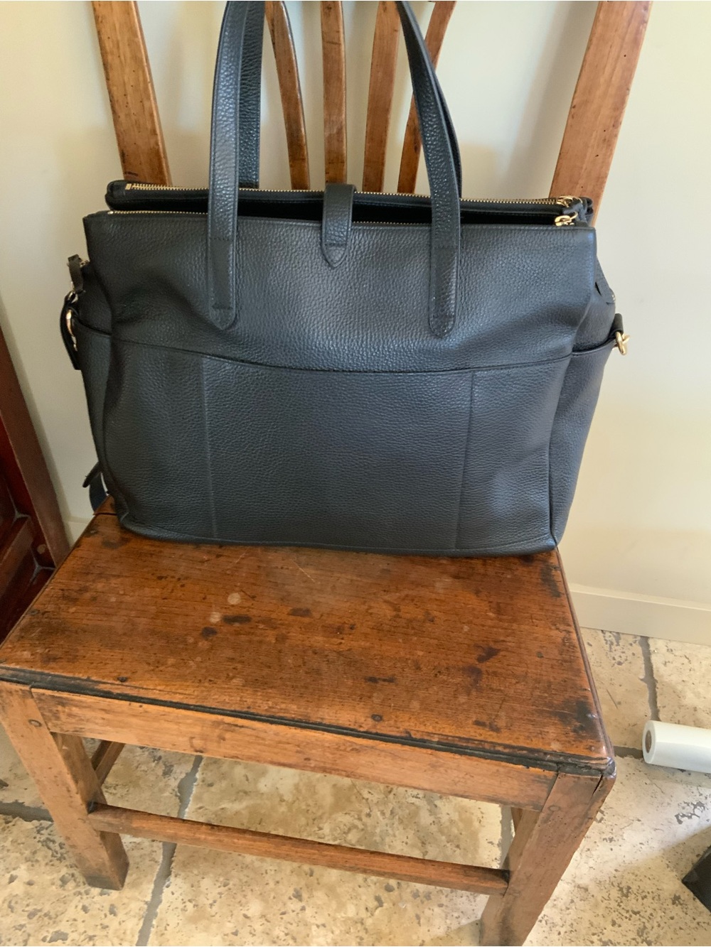 Cuyana Black Leather Triple Zipper Travel Tote with Gold Hardware Accents